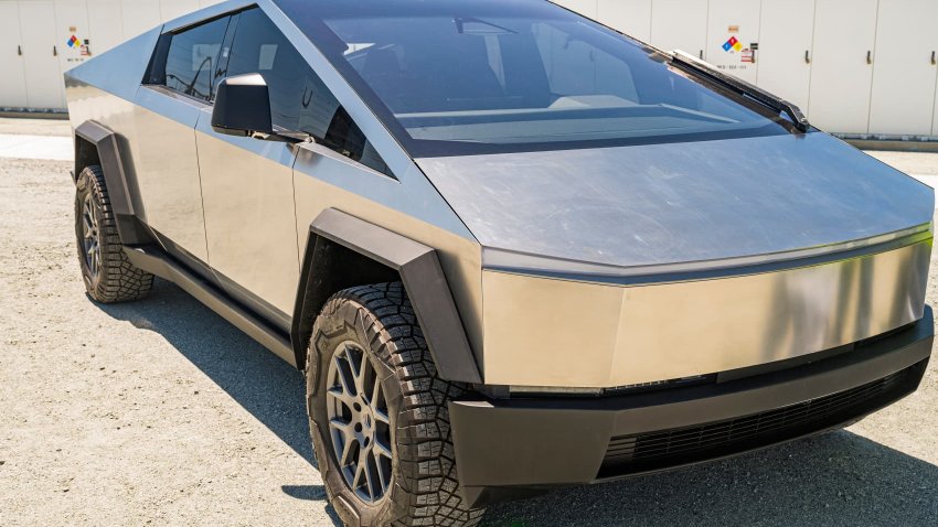 The Tesla Cybertruck during a tour of the Elkhorn Battery energy storage system in Moss Landing, California.