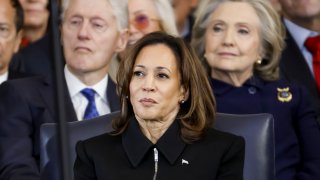 Former US President Bill Clinton, former Vice President Kamala Harris, and former US Secretary of State Hillary Clinton attend the inauguration ceremonies in the U.S. Capitol Rotunda on January 20, 2025 in Washington, DC. Donald Trump takes office for his second term as the 47th President of the United States.