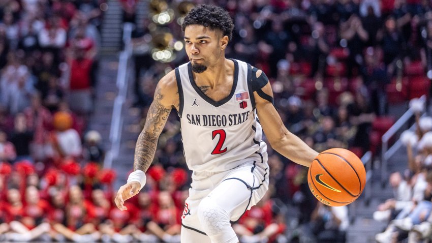 SAN DIEGO, CA – FEBRUARY 01: San Diego State guard Nick Boyd (2) dribbles in the second half of a college basketball game between the Wyoming Cowboys and the San Diego State Aztecs on February 1, 2025, at Viejas Arena in San Diego, California (Photo by Tony Ding/Icon Sportswire via Getty Images)