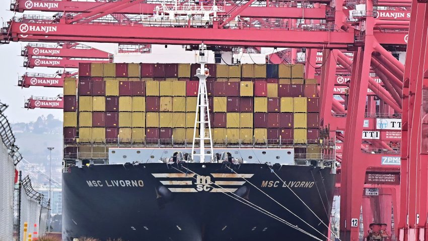 Shipping containers on the MSC Livorno await unloading at the Port of Long Beach, California on March 5, 2025, one day after US President Donald Trump initiated sweeping tariffs on Canada, Mexico and China. 