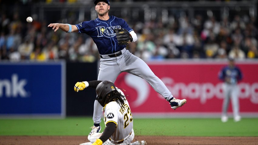 SAN DIEGO, CALIFORNIA – APRIL 26: Taylor Walls #6 of the Tampa Bay Rays throws to first base after forcing out Fernando Tatis Jr. #23 of the San Diego Padres at second base to complete a double play at Petco Park on April 26, 2025 in San Diego, California. (Photo by Orlando Ramirez/Getty Images)